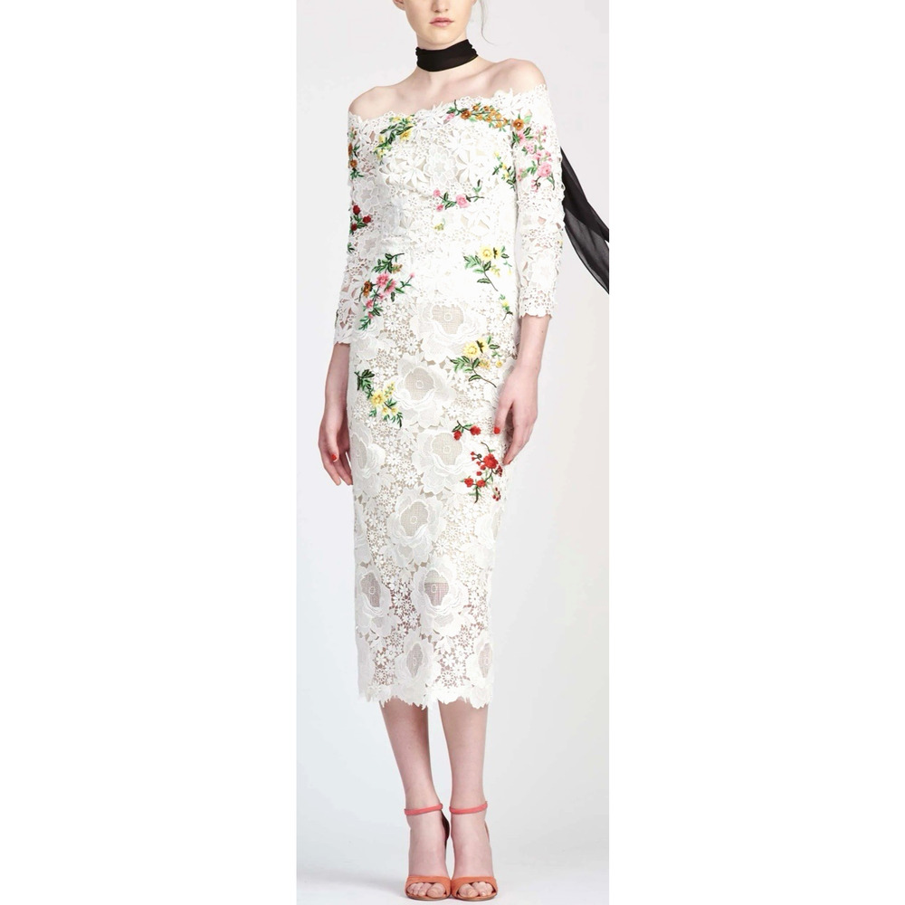 Monique Lhuillier Embroidered Guipure Lace Off-Shoulder Midi Dress Sz 14